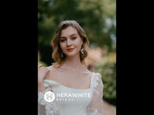 Load and play video in Gallery viewer, HW3073 HERAWHITE Square Neck Crepe Fit And Flare Wedding Dress With Tulle Bishop Sleeves