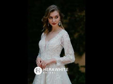 Load and play video in Gallery viewer, HW3040 HERAWHITE Long Sleeve Lace A-Line Gown With Plunging V-Neck