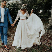 Load image into Gallery viewer, Ivory 2 Piece Boho 3/4 sleeve lace bodice gown.
