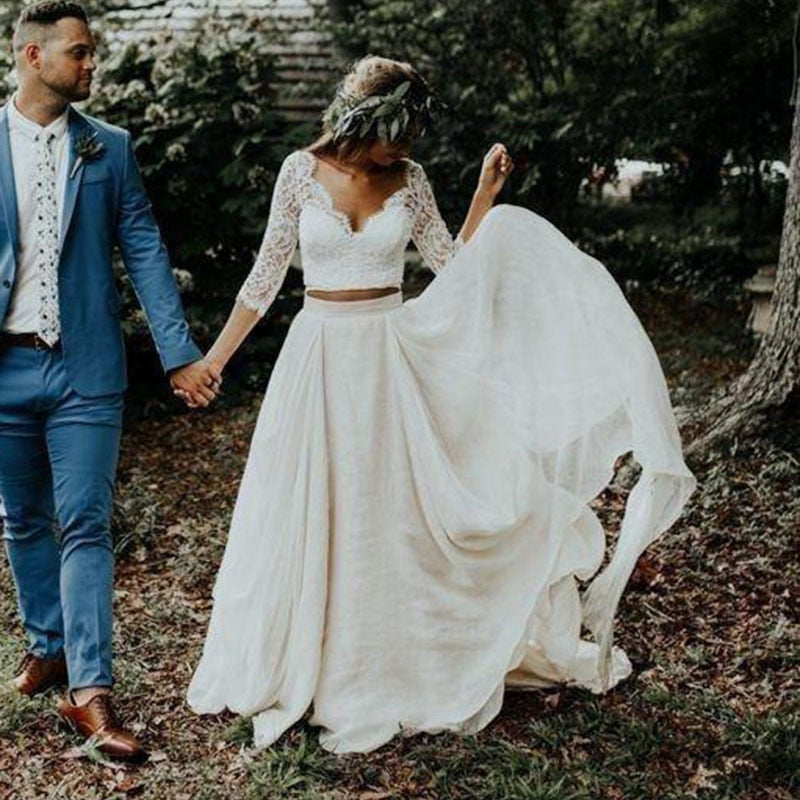 bohemian 2 piece wedding dress Casual Two-Piece Boho Wedding Dress with Long Sleeves