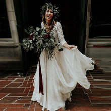 Load image into Gallery viewer, Ivory 2 Piece Boho 3/4 sleeve lace bodice gown.