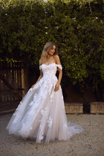 Load image into Gallery viewer, Off the shoulder lace appliqued tulle wedding gown.