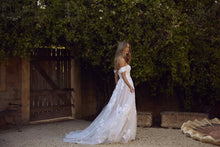 Load image into Gallery viewer, Off the shoulder lace appliqued tulle wedding gown.