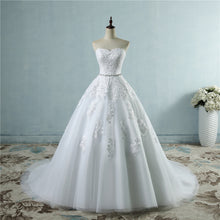Load image into Gallery viewer, Strapless floral lace appliqued ball gown with embellished waist sweetheart neckline, laced corset back and court length train.