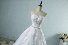 Load image into Gallery viewer, Strapless floral lace appliqued ball gown with embellished waist sweetheart neckline, laced corset back and court length train.