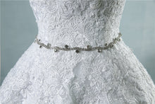 Load image into Gallery viewer, Strapless floral lace appliqued ball gown with embellished waist sweetheart neckline, laced corset back and court length train.