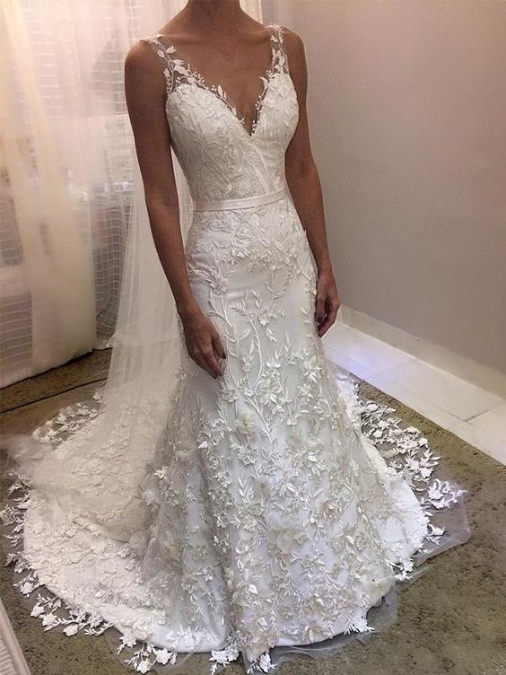 Embroidered Lace Appliqued Fit and Flare Trumpet Style Wedding Gown - Oh My LLC Private Label AEVINCA267 Black / 12 Embroidered Lace Appliqued Fit and Flare Trumpet Style Wedding Gown - Oh My LLC Private Label AEVINCA267 Black / 12
