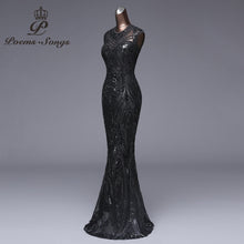 Load image into Gallery viewer, Long black Beaded and Sequined Fit and Flare Evening Dress