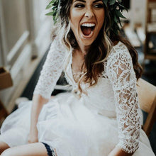 Load image into Gallery viewer, Ivory 2 Piece Boho 3/4 sleeve lace bodice gown.