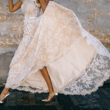 Load image into Gallery viewer, Vintage Inspired Champagne Lace Overlay  A Line Capped Sleeves Bridal Gown