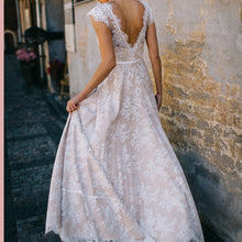 Load image into Gallery viewer, Vintage Inspired Champagne Lace Overlay  A Line Capped Sleeves Bridal Gown