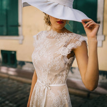 Load image into Gallery viewer, Vintage Inspired Champagne Lace Overlay  A Line Capped Sleeves Bridal Gown