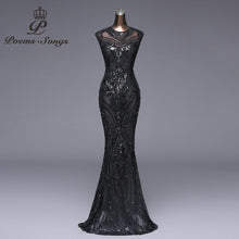 Load image into Gallery viewer, Long black Beaded and Sequined Fit and Flare Evening Dress