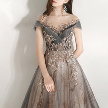 Load image into Gallery viewer, A-Line Ball Gown Illusion Neckline Off the Shoulder Cap Sleeve Crystal Adorned Floor Length - Oh MY LLC Private Label AEK297