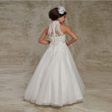 Load image into Gallery viewer, Lace Beaded Applique Half Sleeve Modest Illusions High Collar Neckline Natural Waist Ball Gown