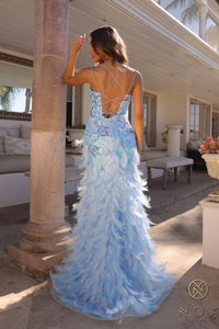 C1413 Long Beaded Sequin Feather Slit Prom Dress Backless Corset Formal Gown