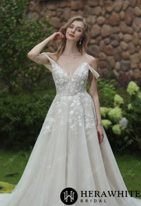 HW3036 HERAWHITE Elegant Floral 3D Lace Wedding Dress With Off-Shoulder Straps