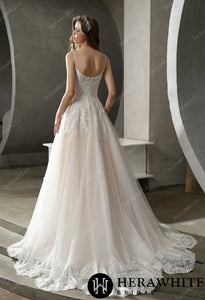 HERAWHITE - HW3026 - Beaded Lace A-line Wedding Gown with Scoop Neckline