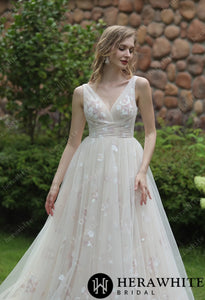 HERAWHITE - HW3045 - Whimsical Sequined Lace Tulle Wedding Dress With Gathered Bodice