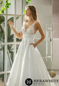 HERAWHITE - HW2515 - In Stock/ Illusion Bodice Satin A-line Bridal Gown With Pockets