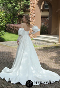 HW3056 HERAWHITE Classic Sweetheart Satin Wedding Dress With Detachable Pouf Sleeves