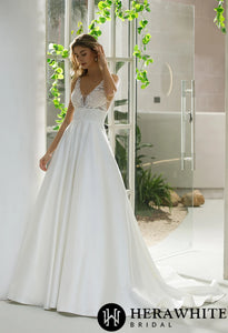 HERAWHITE - HW2515 - In Stock/ Illusion Bodice Satin A-line Bridal Gown With Pockets