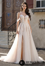 Load image into Gallery viewer, Hera White Bridal HW3825 - Romantic Off-the-Shoulder Sheer Lace Glitter Tulle Bridal Gown with Thigh Slit
