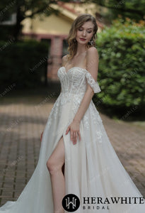 HERAWHITE - HW3053 - Tulle Off-The-Shoulder Sweetheart Lace Ballgown With Slit