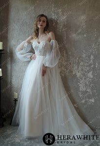 HW3052 HERAWHITE Enchanting Pleated Tulle A-line Wedding Dress With Pouf Sleeves