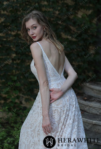 HW3044  HERAWHITE Summer Boho Lace Wedding Dress With Spaghetti Straps
