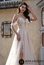 Load image into Gallery viewer, Hera White Bridal HW3825 - Romantic Off-the-Shoulder Sheer Lace Glitter Tulle Bridal Gown with Thigh Slit
