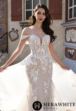 Load image into Gallery viewer, Hera White Bridal HW3801-O - Couture Off-the-Shoulder Floral Lace Mermaid Gown With Detachable Overskirt
