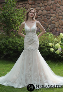 HW3037 HERAWHITE Plunging Sweetheart Beaded Mermaid Gown With Double Band