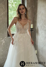 Load image into Gallery viewer, HW3035 HERAWHITE Sparkly Sequined Floral Tulle Ball Gown With V-neck
