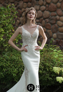 HW3041 HERAWHITE Beaded Fit And Flare Dress With V Neckline And Crepe Skirt