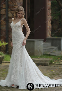 HERAWHITE - HW3051 - Classic V-Neck Allover Lace Fit And Flare Wedding Dress