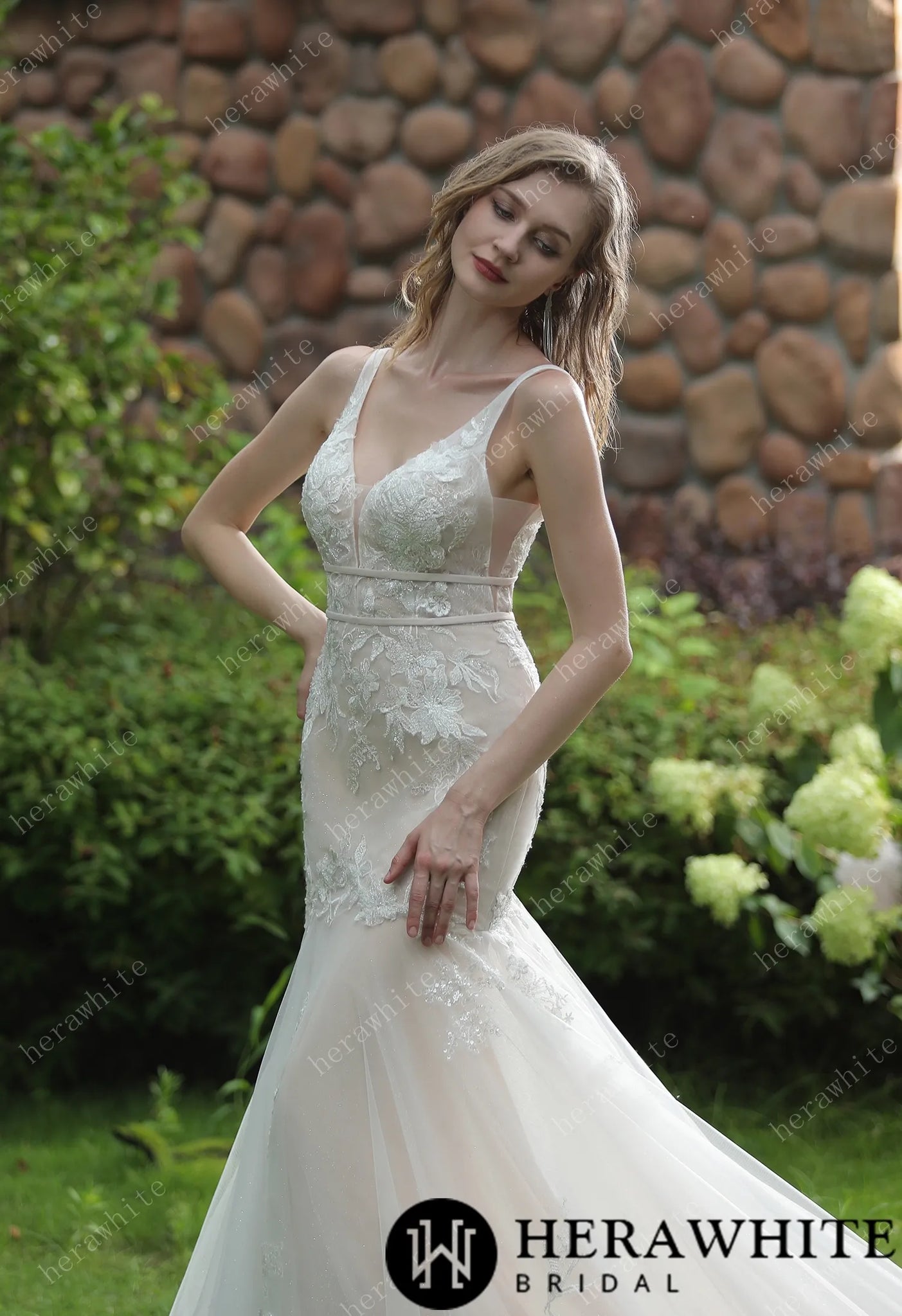 HW3037 HERAWHITE Plunging Sweetheart Beaded Mermaid Gown With Double Band Off White / Misty Champagne / 24 HW3037 HERAWHITE Plunging Sweetheart Beaded Mermaid Gown With Double Band Off White / Misty Champagne / 24