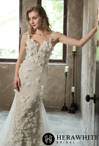 HERAWHITE - HW3055 - Stunning 3D Petal Lace Wedding Dress And Sparkle Tulle