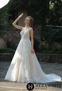 HERAWHITE - HW3047 - Plunging Sweetheart Beaded Wedding Dress With Double Band