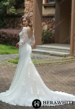 Load image into Gallery viewer, HW3073 HERAWHITE Square Neck Crepe Fit And Flare Wedding Dress With Tulle Bishop Sleeves
