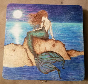 Mermaid - Custom Pyrography Artwork Wooden Cigar Box.