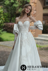HERAWHITE - HW3056 - Classic Sweetheart Satin Wedding Dress With Detachable Pouf Sleeves