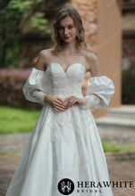Load image into Gallery viewer, HERAWHITE - HW3056 - Classic Sweetheart Satin Wedding Dress With Detachable Pouf Sleeves
