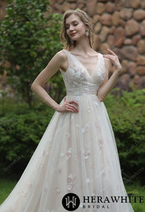HW3045  HERAWHITE Whimsical Sequined Lace Tulle Wedding Dress With Gathered Bodice