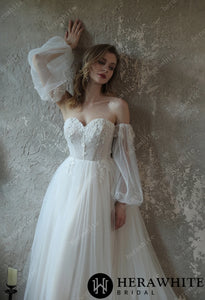 HERAWHITE - HW3052 - Enchanting Pleated Tulle A-line Wedding Dress With Pouf Sleeves