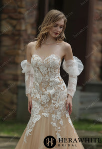 HERAWHITE - HW3038 - Glamour Sweetheart Neckline Dress With Detachable Sleeves