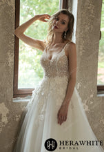 Load image into Gallery viewer, HW3035 HERAWHITE Sparkly Sequined Floral Tulle Ball Gown With V-neck
