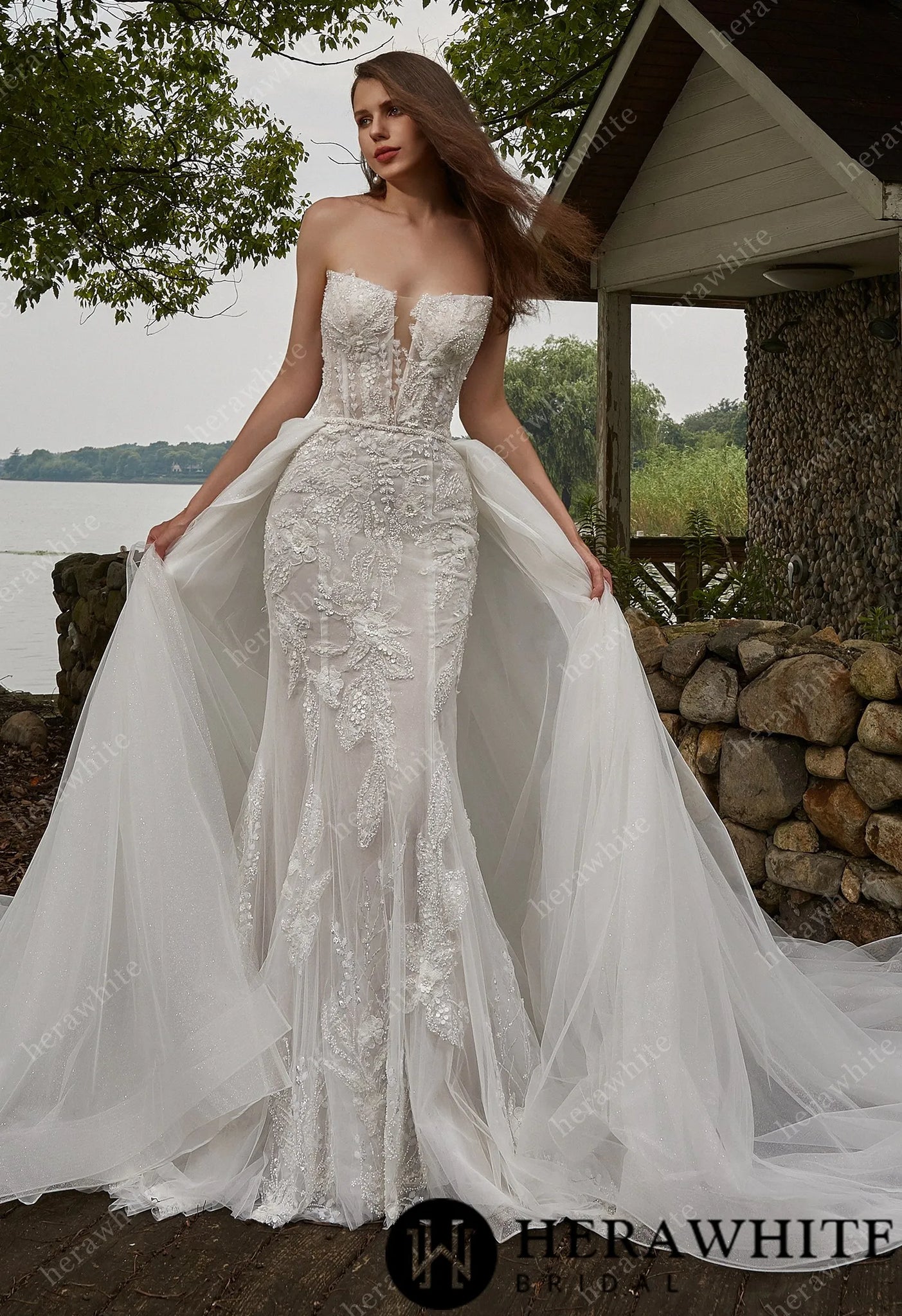 Hera White Bridal HW3429 - Beaded Sequins Lace And Detachable Overskirt Wedding Gown Ivory / 10 Hera White Bridal HW3429 - Beaded Sequins Lace And Detachable Overskirt Wedding Gown Ivory / 10