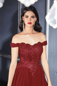 7258 Ladivine Off the shoulder lace bodice with scalloped neckline gown with elegant flowy chiffon skirting and kick panel leg slit.