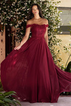 Load image into Gallery viewer, 7258 Ladivine Off the shoulder lace bodice with scalloped neckline gown with elegant flowy chiffon skirting and kick panel leg slit.
